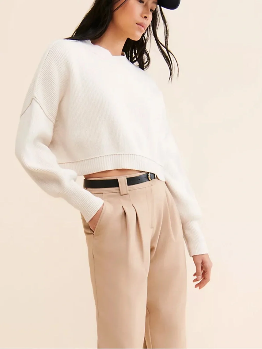 Free People Easy Street Cropped Pullover Knit Sweater Ivory White XS